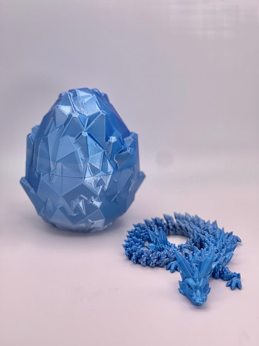 3D Printed Dragon and Egg: Shiny Blue/Silver